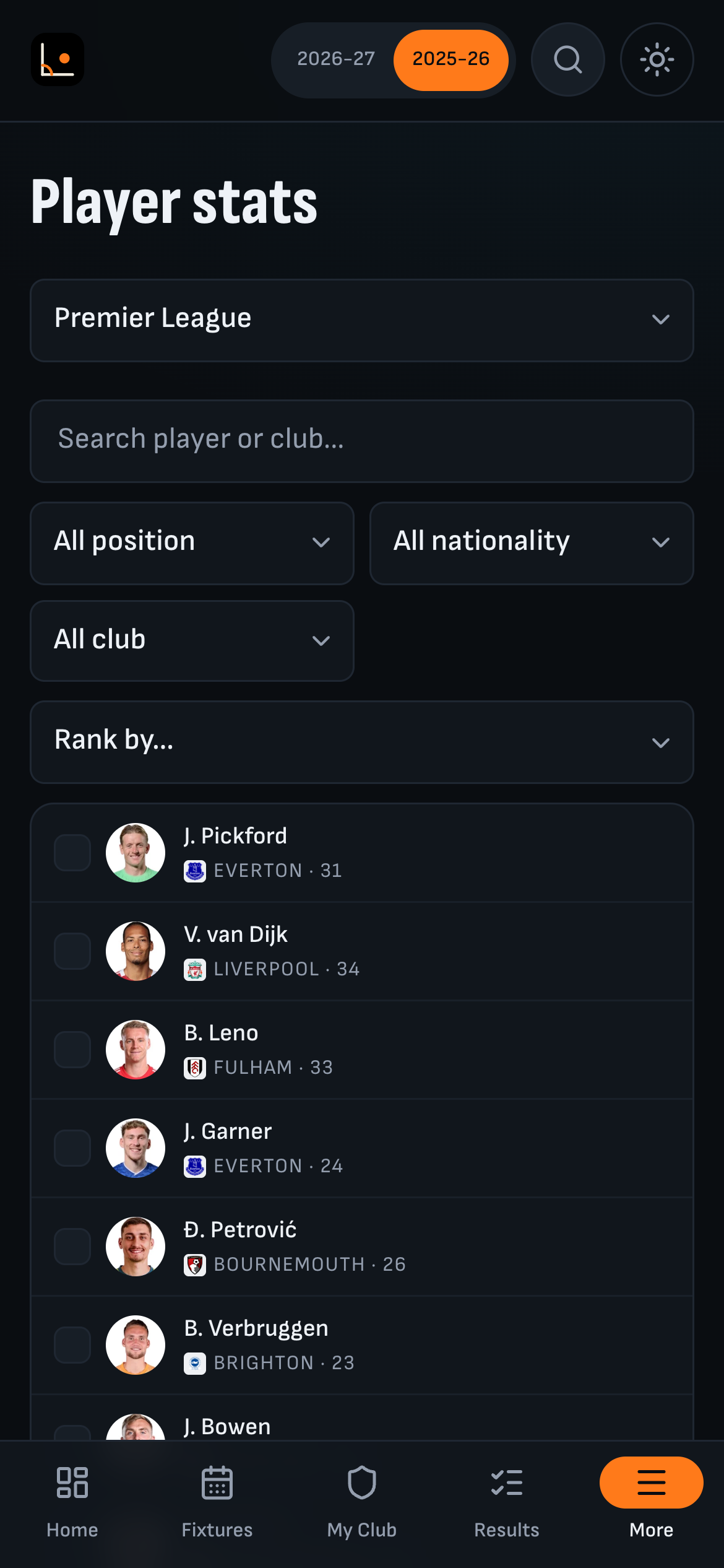 Touchline player statistics and filters on a phone
